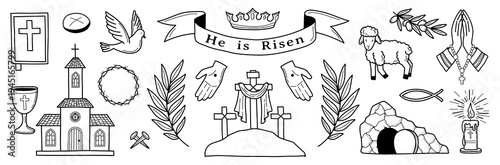Religious Easter outline set. Christian faith icon elements: tomb, lamb, praying hands, cross, church cup, holy Bible, dove as holy spirit. Faith, religion, communion concept vector set.