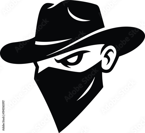 Masked cowboy bandit silhouette logo wild west outlaw character with hat mysterious criminal icon illustration for gaming branding design