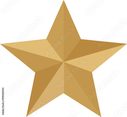 Geometric golden five pointed star with gradient shading and three dimensional appearance
