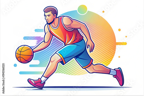 Basketball Player Dribbling Silhouette Colorful Vector Icon 
