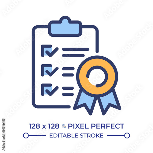 Regulatory standart pixel perfect line color icon. Quality control, compliance checklist. Product certification. Isolated vector illustration. Flat colorful symbol design. Editable stroke
