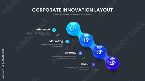 Enterprise Campaign Slideshow Template Vector Illustration. Consulting Launch 4 Step Chart Frame Layout. Professional Innovation Four Option Infographic Presentation Design.