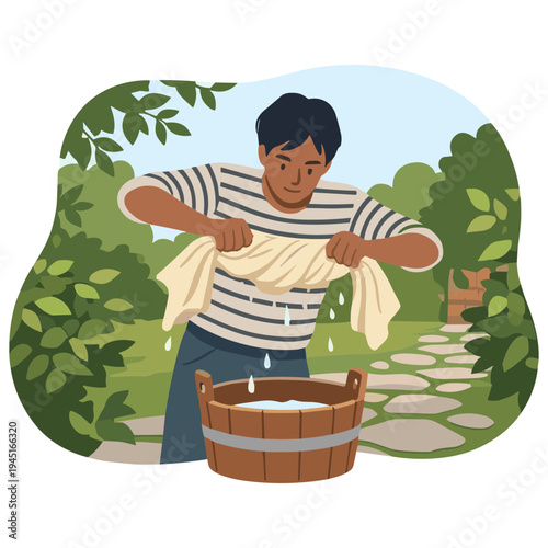 Man washing clothes outdoors in garden with bucket and water