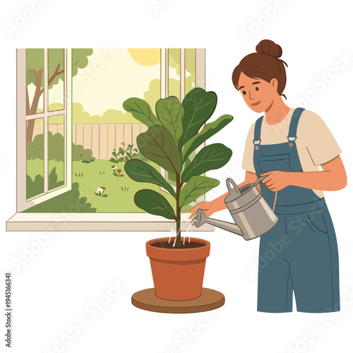 Woman watering plant by window in garden on sunny day with green leaves