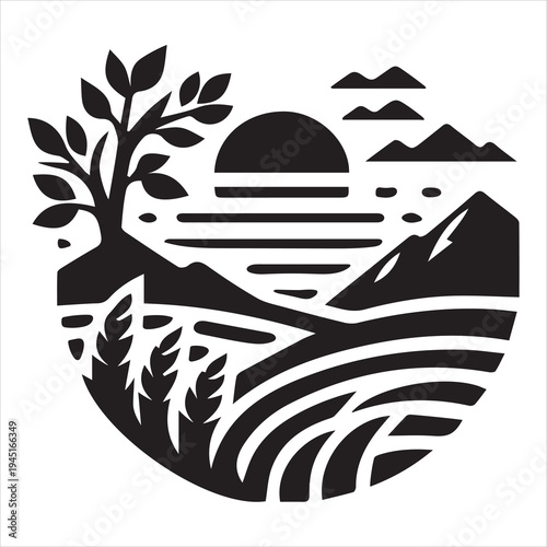 A black tribal silhouette design featuring a vector illustration of a tractor with a trailer, a wild horse head, and an alien wolf pattern in a minimalist tattoo art style.