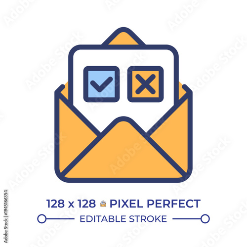 Email survey pixel perfect line color icon. Email questionnaire, open envelope. Decision making. Social research. Isolated vector illustration. Flat colorful symbol design. Editable stroke