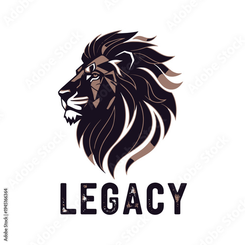 Detailed black lion head profile with legacy text graphic design on white background