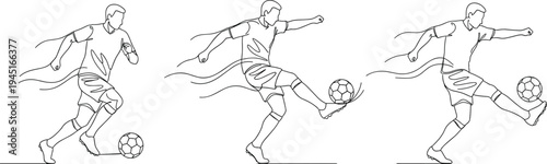 Minimal line art soccer player action sequence dribbling controlling and kicking football isolated sports outline illustration for training concept