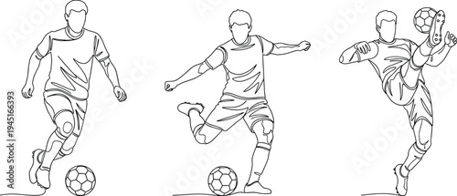 Minimal line art soccer player action set dribbling passing and kicking football isolated sports outline illustration for training concept
