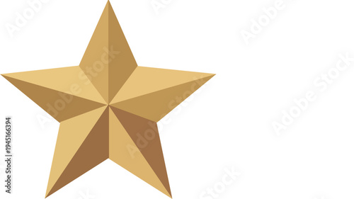 Golden five pointed three dimensional star with gradient shading on white background yellow brown
