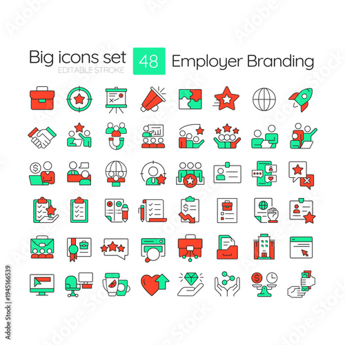 Employer branding line color icons set. Recruitment for business growth. HR reputation. Talents engagement. Vector illustrations. Simple flat colorful symbols collection. Editable stroke