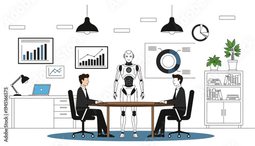Robot standing between two businessmen in a modern office meeting