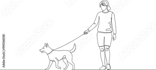 Minimal line art woman walking dog on leash outdoor lifestyle illustration for pet care companionship daily activity concept