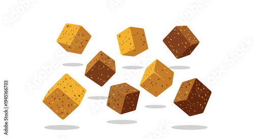 Floating Cubes of Textured Brown and Yellow Food Ingredients