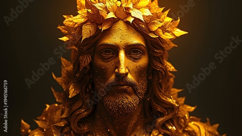 portrait of golden buddha with golden leaves