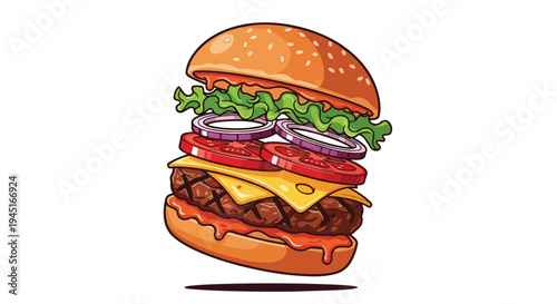 Delicious Cheeseburger with Fresh Ingredients Floating Isolated on White Background