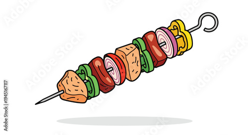 Cartoon Illustration of a Grilled Meat and Vegetable Skewer