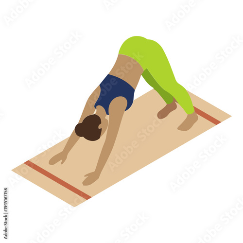 A woman performs downward-facing dog yoga on a mat indoors.