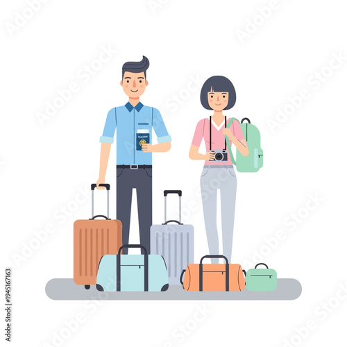 Happy Couple Traveling Together with Luggage and Cameras