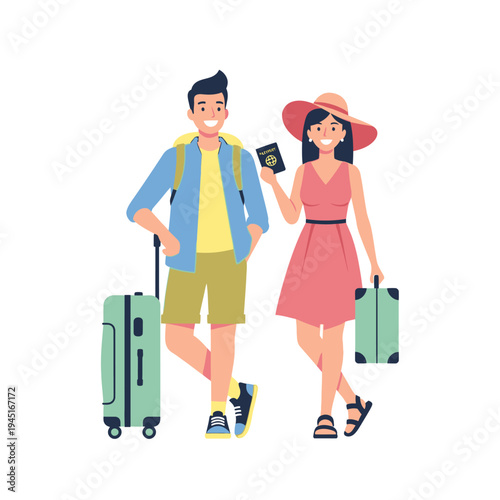 Happy Couple Traveling Together with Luggage and Passports