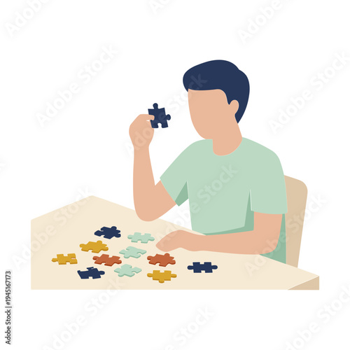 A man sits at a table assembling a colorful jigsaw puzzle indoors.