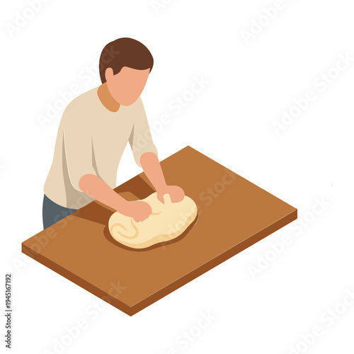 Man kneading dough on a wooden table indoors