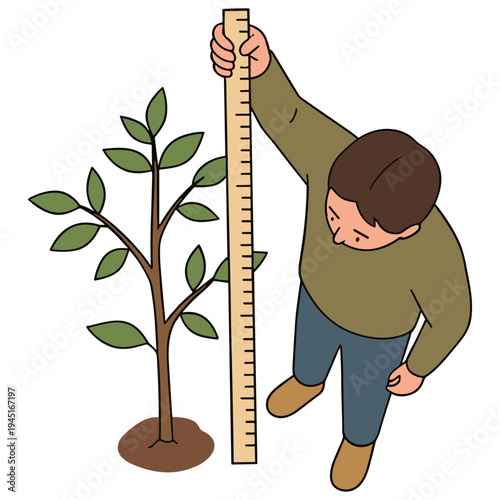 Man measures plant height with ruler standing next to tree.