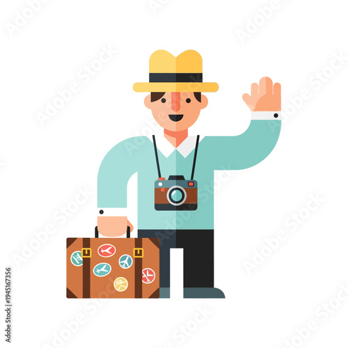 Happy Tourist Man Waving Hello Holding Suitcase and Camera