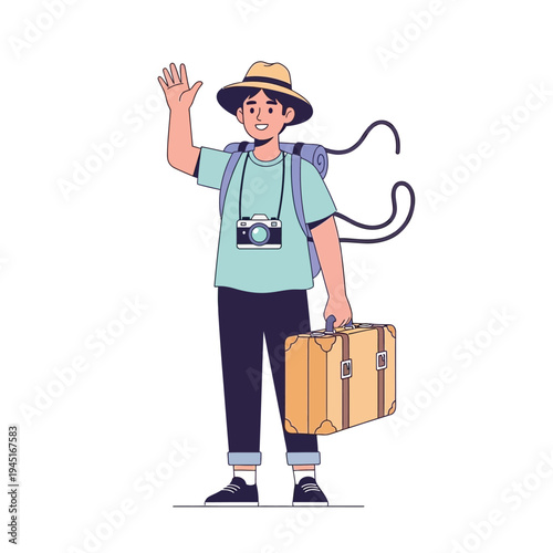 Happy Traveler Waving Hello with Suitcase and Camera