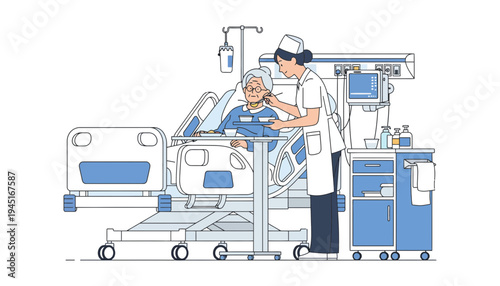 Nurse taking care of a patient in a hospital bed with medical equipment