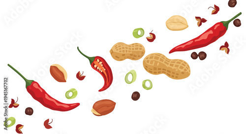 Flying Ingredients for Spicy Asian Cuisine with Chili Peppers and Peanuts
