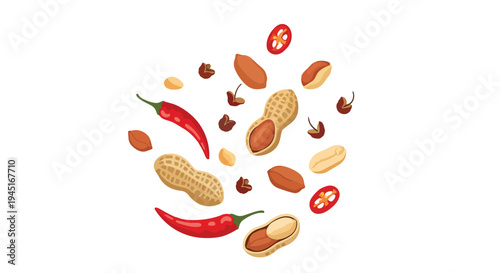 Spicy Peanuts and Chili Pepper Ingredients Illustration