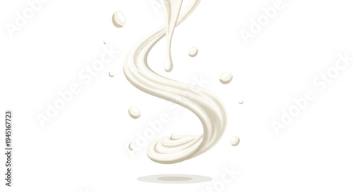 Abstract swirling milk splash with liquid droplets isolated on white background