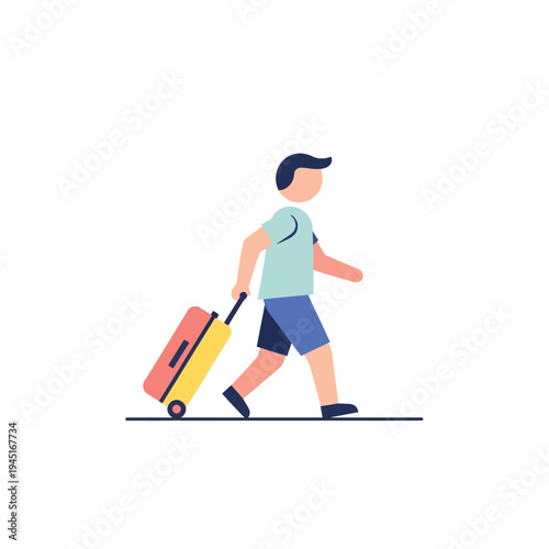 Man Walking With Rolling Suitcase - Travel Vacation Concept Illustration