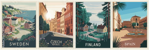 Four vintage style postcardsers depict serene European towns. Swedish coastlines glow with coastal charm and quiet hills. Czech streets shine with warm sunlight and historic brick