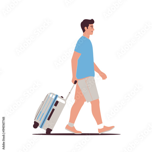 Man Walking with Suitcase, Travel and Holiday Trip, Vector Illustration