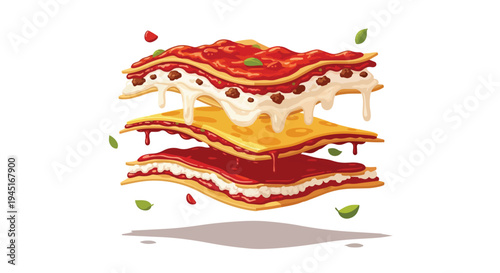 Exploded View Illustration of Delicious Layered Lasagna with Melting Cheese