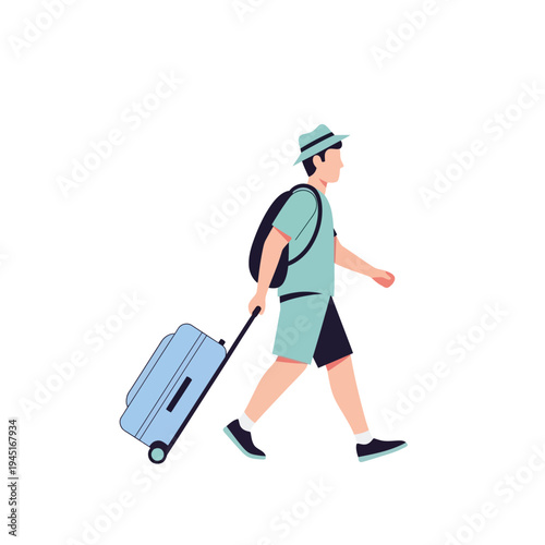 Man with suitcase and backpack walking, travel and vacation concept, flat illustration
