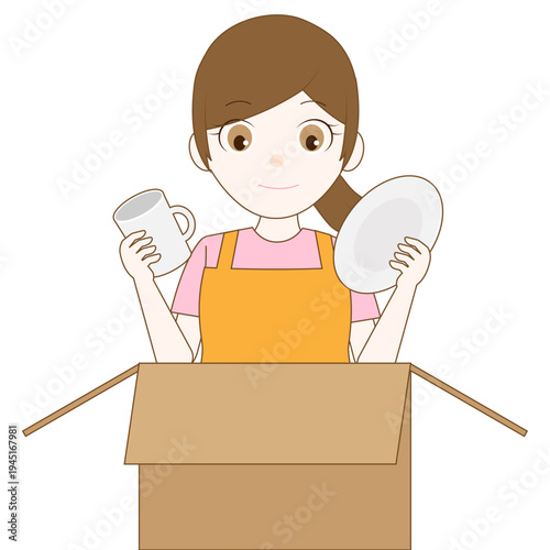 両手に食器を持つ女性と段ボール箱のイラスト