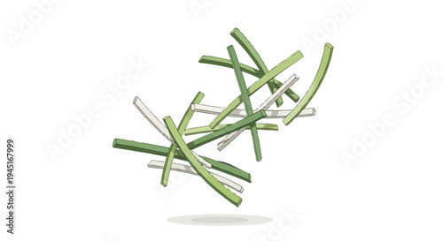 Fresh chopped green onions and white leeks falling in air isolated on white