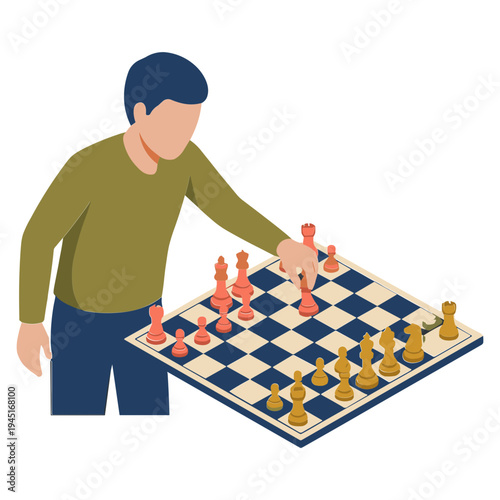 Man playing chess on board with pieces in indoor setting