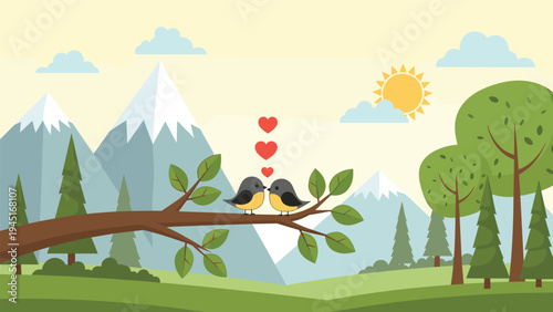 Two little birds sitting on a tree branch with floating hearts in a beautiful natural mountain landscape.