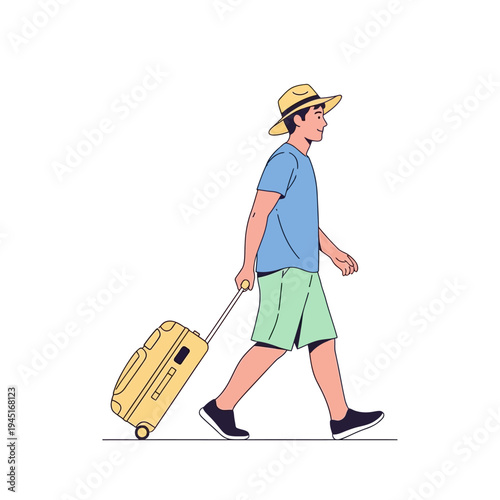 Man with Suitcase Walking, Travel Concept, Summer Vacation, Flat Illustration