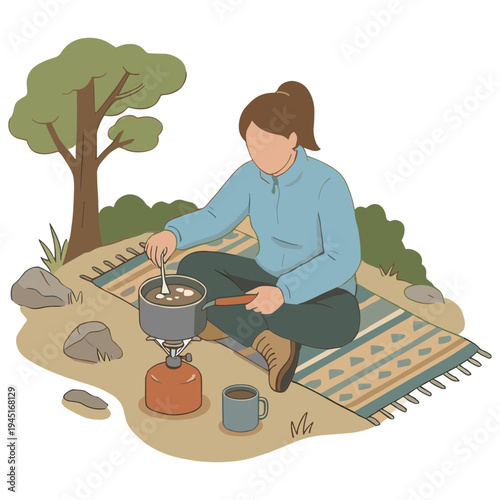 Woman prepares food on portable stove outdoors in nature near tree