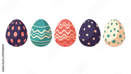 Set of five colorful Easter eggs decorated with various patterns including dots, waves, stars, and stripes.