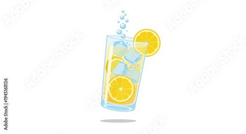 Refreshing Lemonade Drink with Ice Cubes and Lemon Slices Illustration