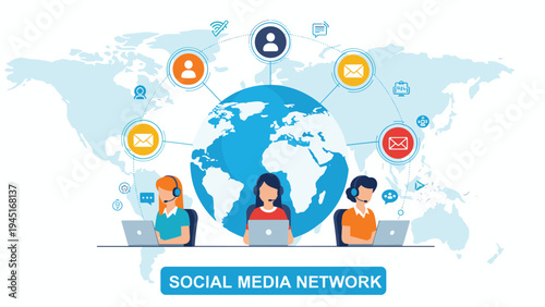 Social media network concept showing global customer service agents connected through a world map background.