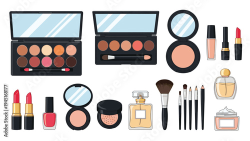 Large collection of cosmetics and makeup products including palettes, lipsticks, brushes, and perfume on a white background.