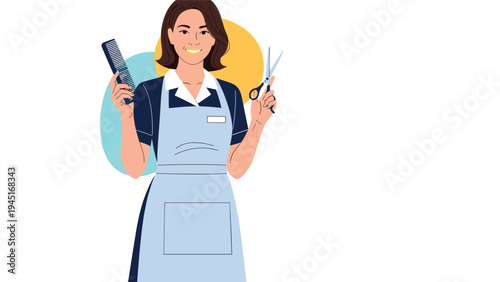 Smiling female hairdresser wearing an apron and holding scissors and a comb against a simple graphic background.