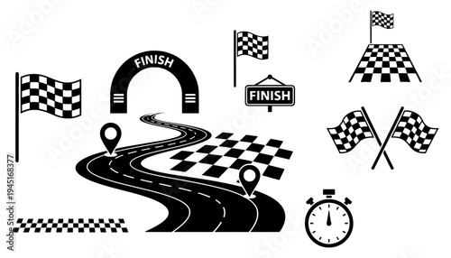 Racing track vector icons with checkered flags and finish line
